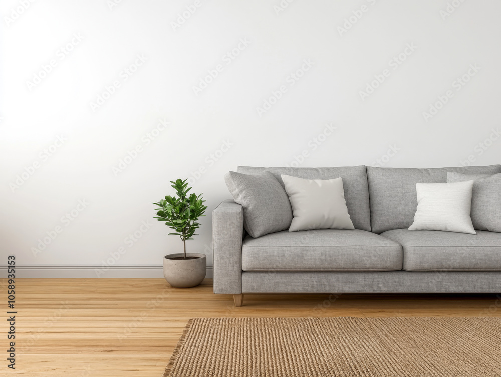 Cozy living room featuring a gray couch and decorative plant in a modern home setting Cozy living room featuring a gray couch and decorative plant in a modern home setting