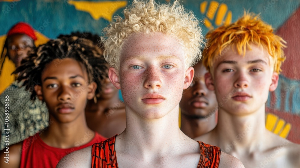 Fototapeta premium Young individuals with diverse hairstyles stand confidently against a vibrant mural, AI