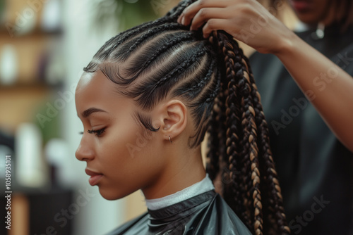 Close up skilled hairstylist is meticulously braiding hair of afro american female client in the barber salon. Black healthy hair culture and Style. Stylish therapy professional care concept. photo