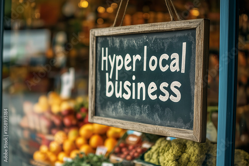 Wooden Chalkboard sign with handwriting text Hyperlocal business hangs prominently on the glass window outside market showcasing fresh produce and local goods in a vibrant neighbourhood. Support local photo