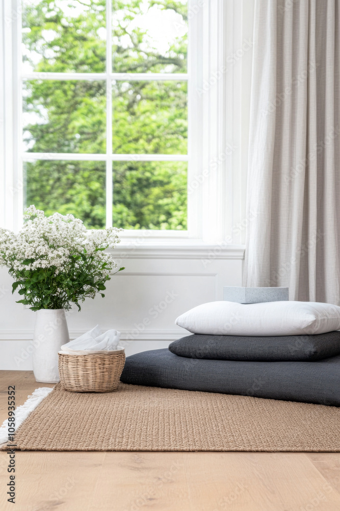 Cozy and serene interior design featuring cushions and flowers near sunlight-filled window
