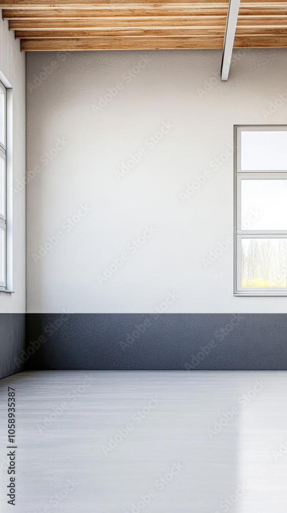 Modern minimalist interior of an empty room with large windows and a wooden ceiling design