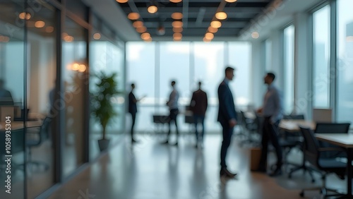 Modern Business Office with Glass Partitions with Blurred People in Casual Clothes. AI generated