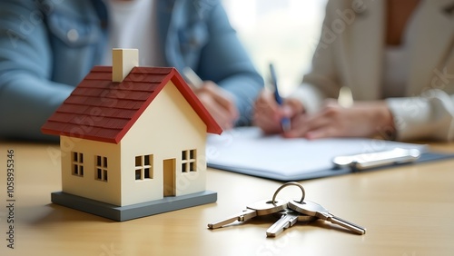 A couple is signing papers to buy a house. A miniature house and bunch of keys on a table. AI generated