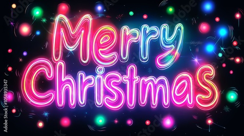 Vibrant Merry Christmas Neon Text with Colorful Bokeh Lights and Sparkles