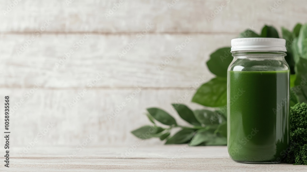 Delicious and nutritious green detox juice is presented in a glass jar, surrounded by vibrant green leaves, offering a refreshing and healthy drink option. Delicious and nutritious green detox juice is presented in a glass jar, surrounded by vibrant green leaves, offering a refreshing and healthy drink option.