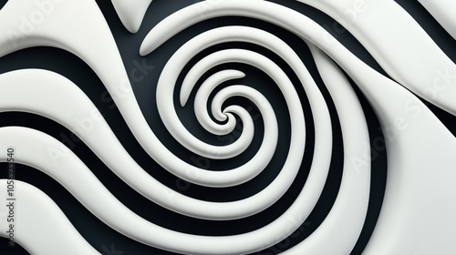 Abstract 3D spiral design with layered white and dark gray wavy patterns creating a hypnotic optical illusion effect.