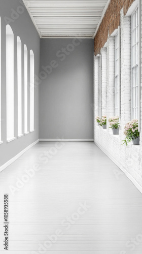 Bright interior space with white floor and large windows filled with potted plants in daylight