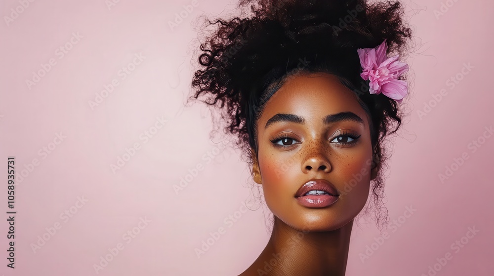 A striking portrait of a woman with her hair gathered into an elegant curly bun, adorned with a pink flower, rightfully embodying natural grace and femininity. A striking portrait of a woman with her hair gathered into an elegant curly bun, adorned with a pink flower, rightfully embodying natural grace and femininity.