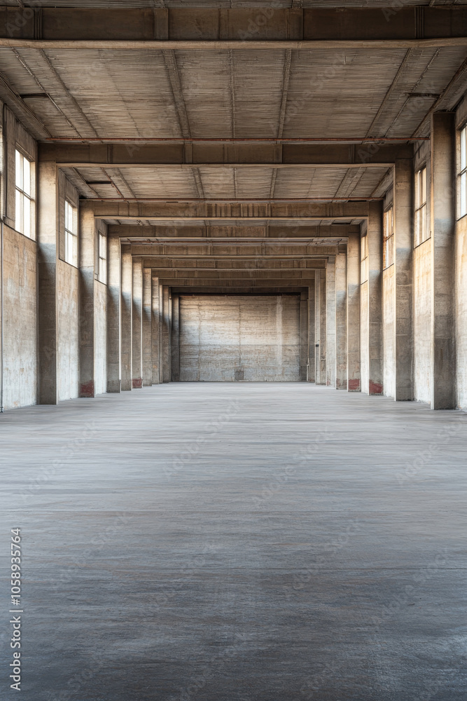 Spacious, empty industrial warehouse interior with tall columns and natural light Spacious, empty industrial warehouse interior with tall columns and natural light