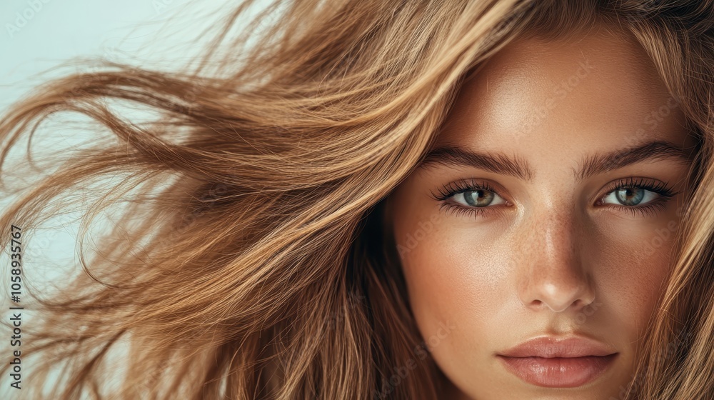 A captivating close-up portrait of a woman with flowing blonde hair and striking features, exemplifying beauty and confidence through its artistic and serene simplicity. A captivating close-up portrait of a woman with flowing blonde hair and striking features, exemplifying beauty and confidence through its artistic and serene simplicity.
