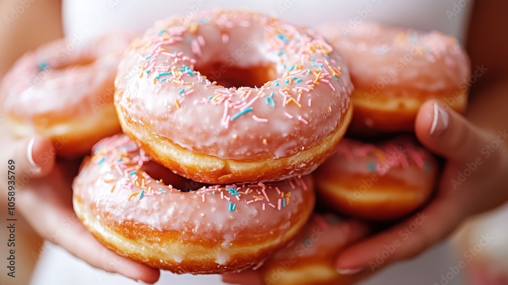 A close-up image showcasing a pile of five delicious pink glazed doughnuts adorned with colorful sprinkles held in both hands, exuding freshness and sweetness. A close-up image showcasing a pile of five delicious pink glazed doughnuts adorned with colorful sprinkles held in both hands, exuding freshness and sweetness.