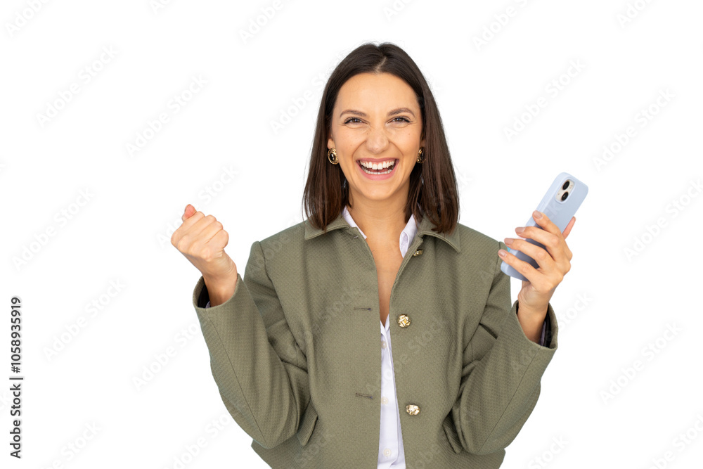 Confident woman in business attire holding phone Confident woman in business attire holding phone