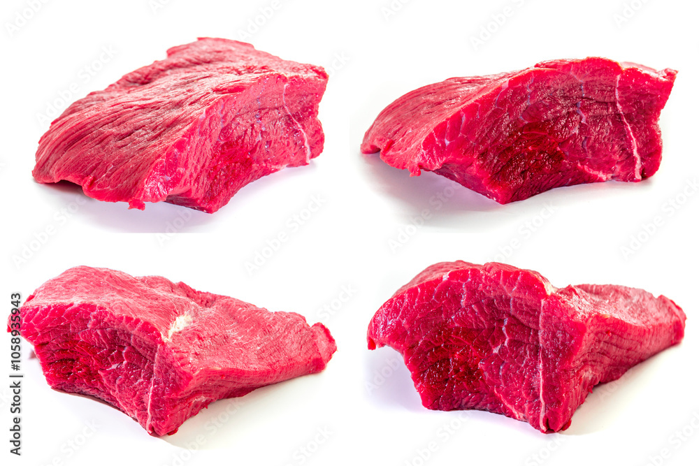 collage Raw beef meat isolated on white background. Food concept collage Raw beef meat isolated on white background. Food concept