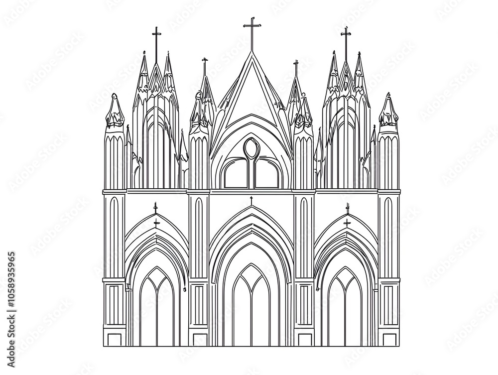 Fototapeta premium Minimalist Line Art of Gothic Cathedral with Spires and Arches