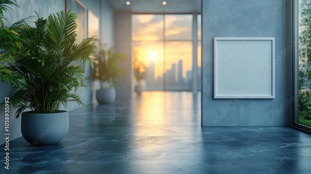 Modern hallway with a large window, overlooking a city skyline at sunset, with a blank frame on the wall, perfect for a mockup. Modern hallway with a large window, overlooking a city skyline at sunset, with a blank frame on the wall, perfect for a mockup.