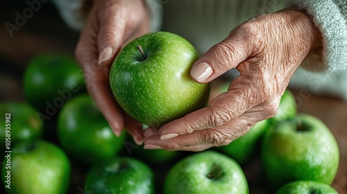 Close-up of elderly hands clutching a fresh green apple, highlighting natural vitality, age, and the simplicity of life through detailed photography.