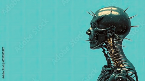 Wallpaper Mural Stylized robotic skull sculpture on a turquoise background, showcasing intricate details. Torontodigital.ca
