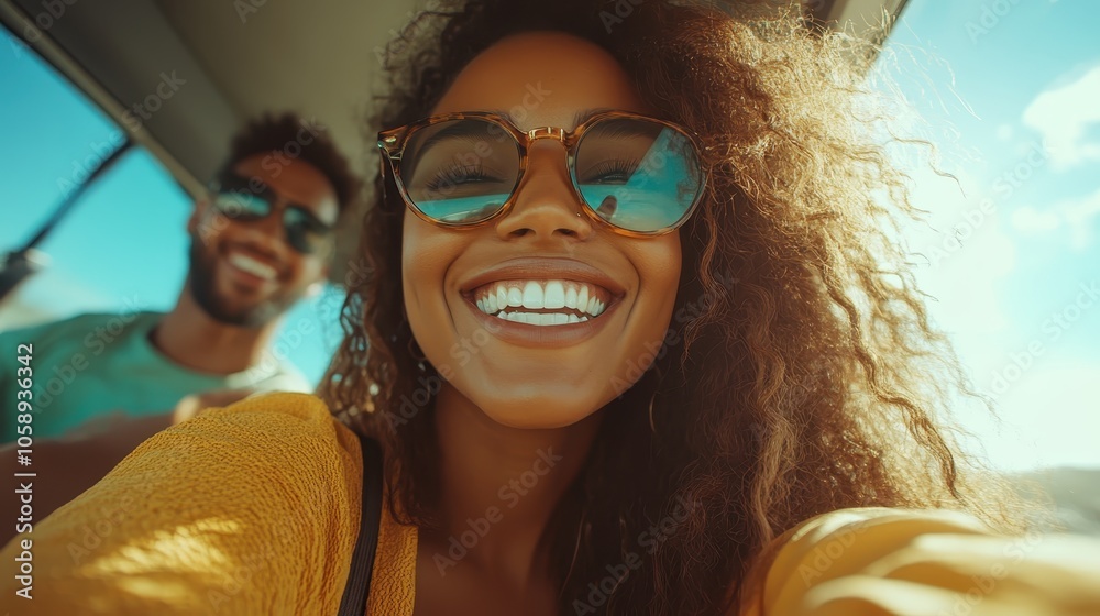 A cheerful woman in sunglasses takes a playful selfie, capturing a carefree moment in a vehicle alongside a friend on a bright and sunny day. A cheerful woman in sunglasses takes a playful selfie, capturing a carefree moment in a vehicle alongside a friend on a bright and sunny day.