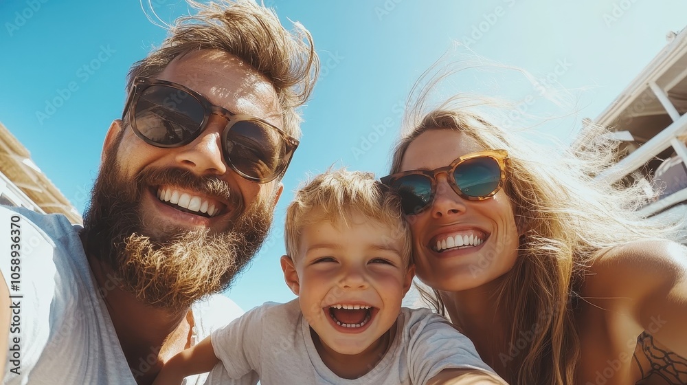 A joyful family portrait showing parents and their young child smiling broadly, enjoying a bright sunny day at the beach with happiness and warmth. A joyful family portrait showing parents and their young child smiling broadly, enjoying a bright sunny day at the beach with happiness and warmth.