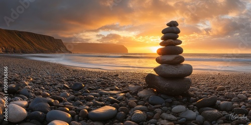 A cairn stack positioned on a pebbly beach during the golden hour represents the spirit of travel and adventure, showcasing a panoramic view of nature and the desire for escape. photo