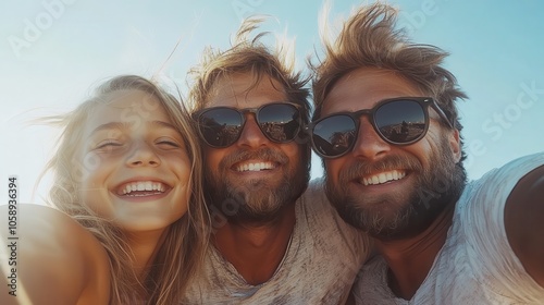 A group of three friends enjoying a sunny day at the beach, wearing sunglasses and smiling widely, capturing a moment of happiness and relaxation together.