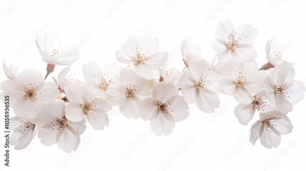 A close-up of a branch of white cherry blossoms with delicate petals and yellow centers, isolated on a white background. Generative ai A close-up of a branch of white cherry blossoms with delicate petals and yellow centers, isolated on a white background. Generative ai