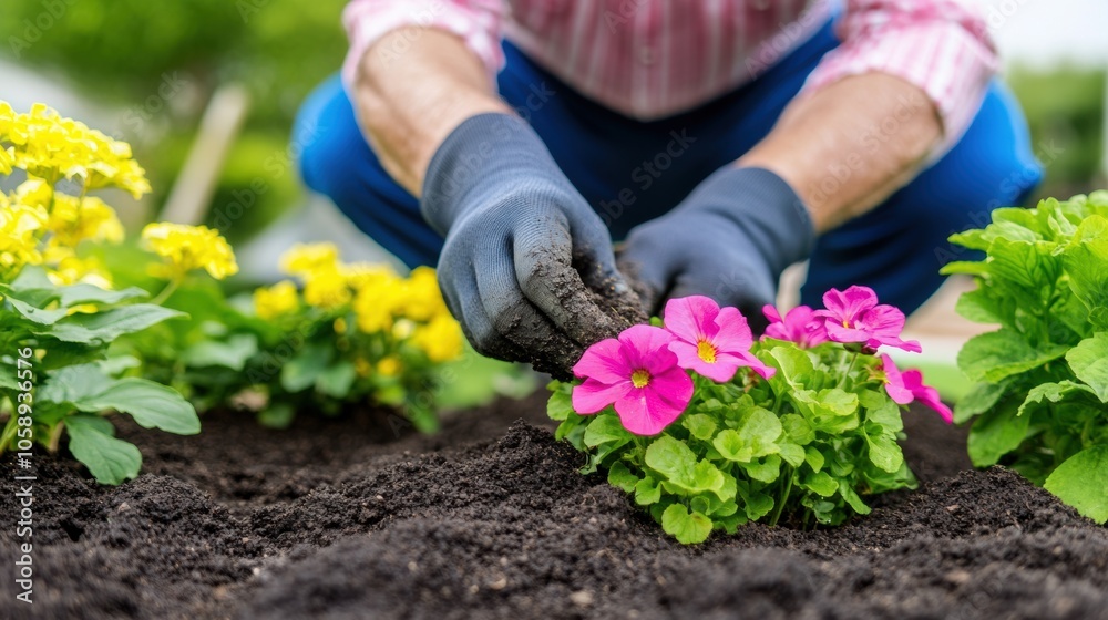 Fototapeta premium Gardener planting vibrant flowers in rich soil on a sunny day, AI