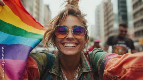 A joyful woman wearing sunglasses with a rainbow reflection holds a rainbow flag, smiling widely in a bustling city, showing freedom and unity. photo