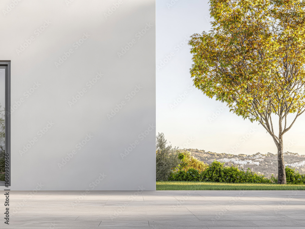 Fototapeta premium Modern architectural design with a view of nature in a bright outdoor setting during daylight