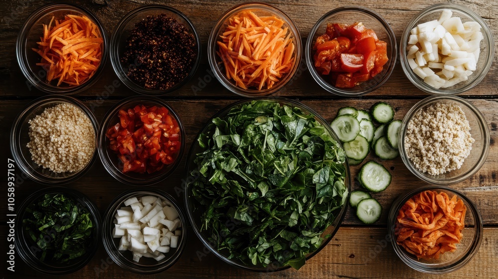 A variety of fresh vegetables like spinach and carrot are displayed in glass bowls on a wooden surface, showcasing their vibrant colors and natural textures.