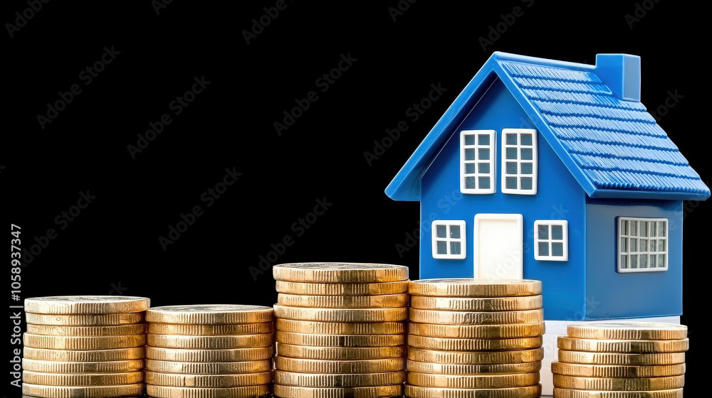 Investing in property can be lucrative opportunity, represented by blue house model and stacks of gold coins, symbolizing financial growth and security Investing in property can be lucrative opportunity, represented by blue house model and stacks of gold coins, symbolizing financial growth and security