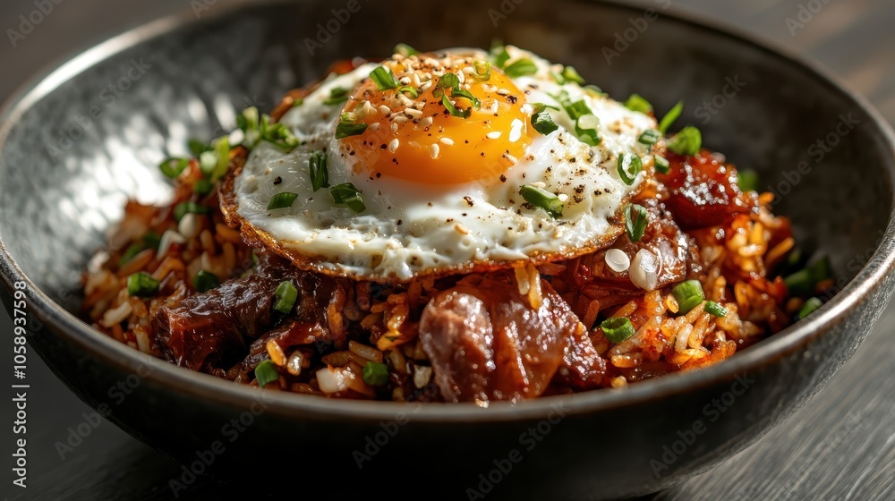 A filling bowl of fried rice complemented with seasoned beef pieces and a perfectly cooked sunny-side-up egg, sprinkled with sesame seeds and chives. A filling bowl of fried rice complemented with seasoned beef pieces and a perfectly cooked sunny-side-up egg, sprinkled with sesame seeds and chives.