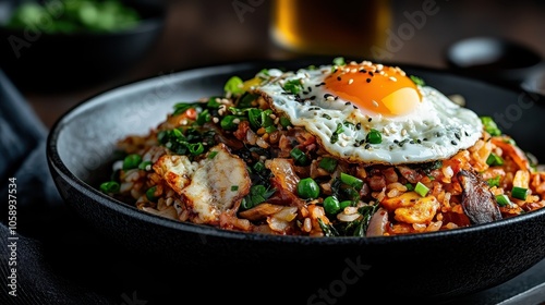 A bowl of delicious fried rice topped with a perfectly cooked sunny-side-up egg, garnished with fresh green onions and peas, served in a black bowl.