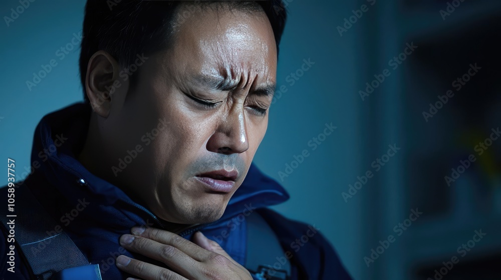 Concerned man with a pained expression, hands over chest in dim light. Concerned man with a pained expression, hands over chest in dim light.