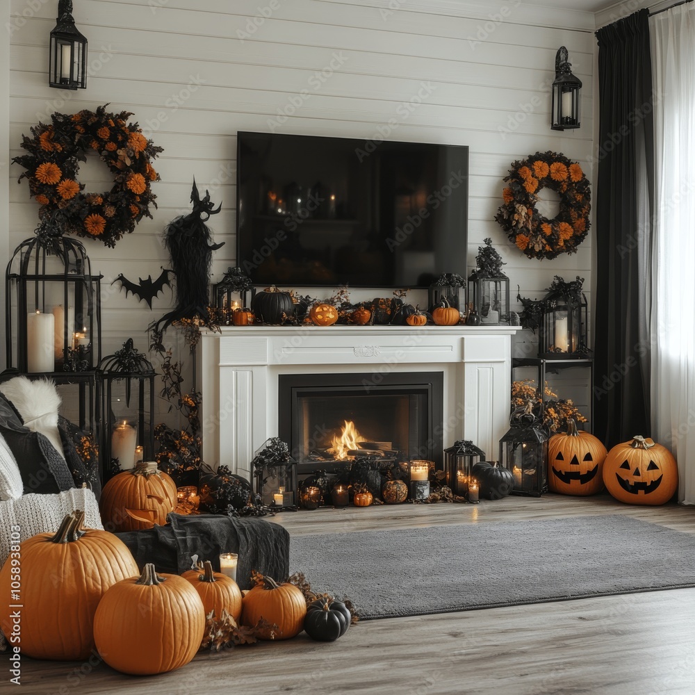 Obraz premium Cozy Halloween decor with pumpkins and candles in a stylish living room for the autumn season