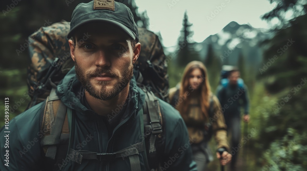 A bearded man in hiking gear leads his friends through a scenic forest trail with mountains in the background, showing determination and adventure spirit. A bearded man in hiking gear leads his friends through a scenic forest trail with mountains in the background, showing determination and adventure spirit.