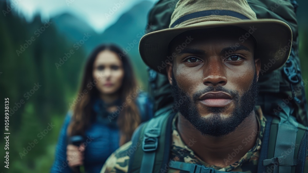 A strong man in camouflage shirt and hiking gear stands confidently on a forest trail, with a fellow hiker in the background, representing resilience and focus.