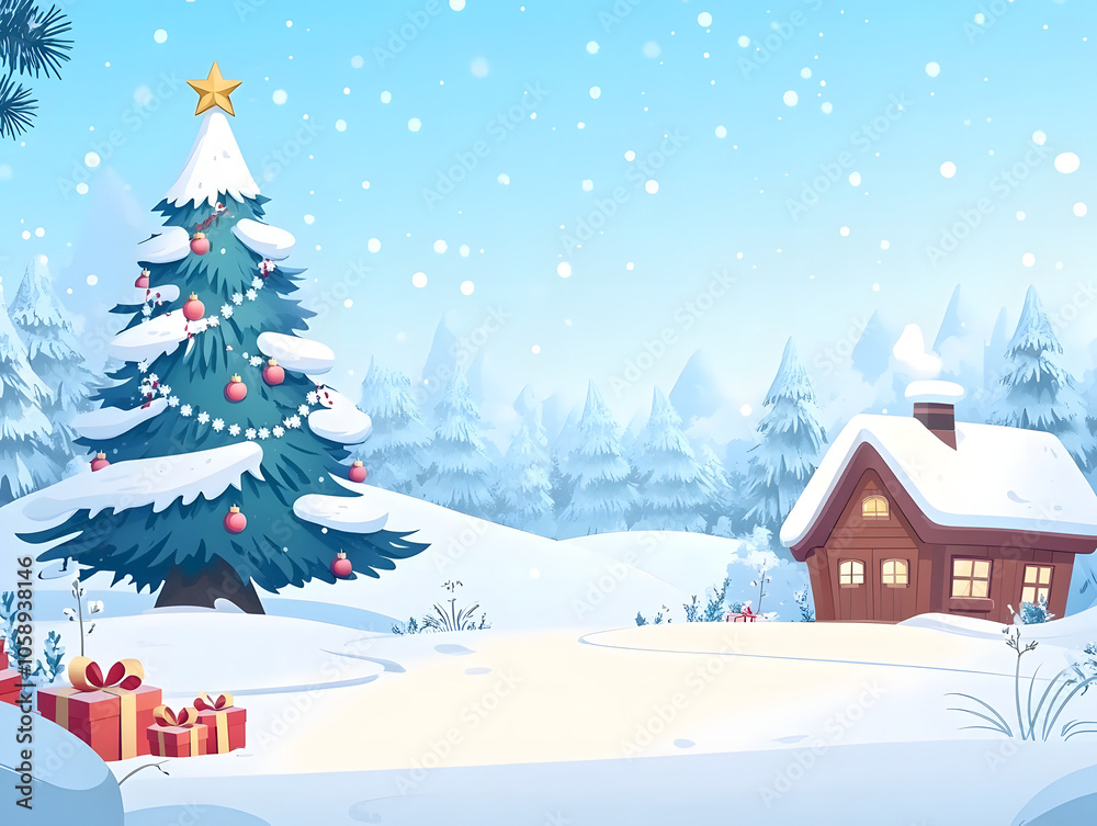 Naklejka premium Winter Christmas Scene with Cabin