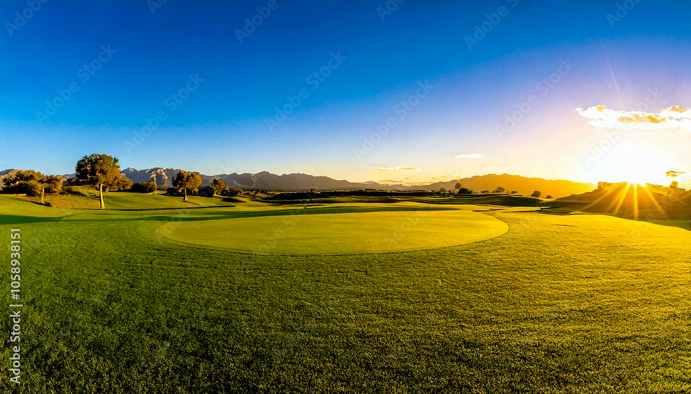 Obraz premium Endless clear and smooth horizon over green Golf course in the evening light, panoramic shot