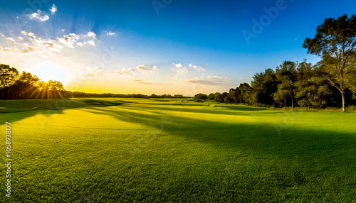 Endless clear and smooth horizon over green Golf course in the evening light, panoramic shot