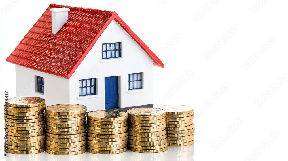 model house with red roof sits beside stacks of gold coins, symbolizing property investment and financial growth model house with red roof sits beside stacks of gold coins, symbolizing property investment and financial growth
