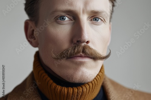 Portrait of man with stylish curled moustache, autumn fashion look. Movember photo