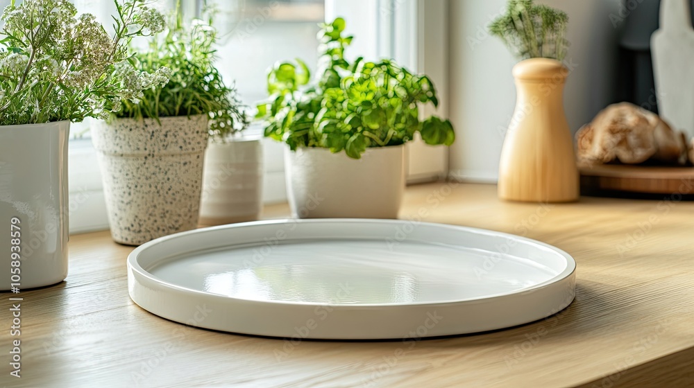 Empty round tray on a wooden surface, with a bright kitchen background, enhances the aesthetic appeal of the composition. The empty round tray offers versatile photo style copy space. Empty round tray on a wooden surface, with a bright kitchen background, enhances the aesthetic appeal of the composition. The empty round tray offers versatile photo style copy space.