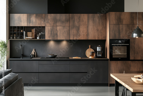 Contemporary design kitchen with wooden cupboards and furniture countertops as well as black oven sink and induction hob