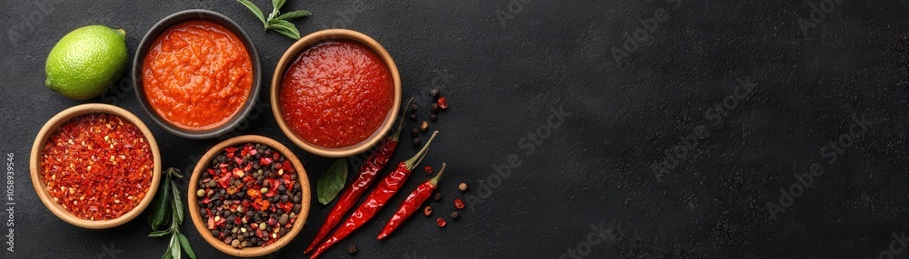 Spicy Chili Sauce Lime and Peppercorns on Black Background Spicy Chili Sauce Lime and Peppercorns on Black Background