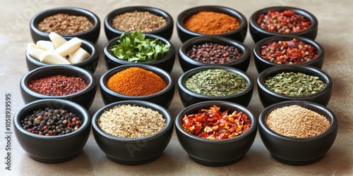 A selection of different spices and chilies arranged in bowls showcases a variety of flavors and colors. This diverse assembly highlights numerous spices and chilies.