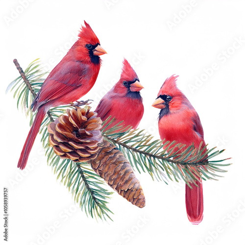 Watercolor illustration of three Cardinal bird perched gracefully on a fir branch. The cardinal's vibrant red plumage stands out beautifully against a white background. photo