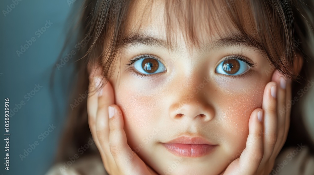 The image captures a young girl with wide-open eyes, her face resting on her hands, evoking curiosity and innocence with a soft, natural background. The image captures a young girl with wide-open eyes, her face resting on her hands, evoking curiosity and innocence with a soft, natural background.