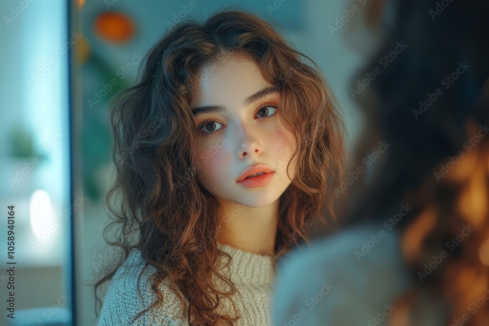 women hairdo makeup routine, Young woman looking at the mirror and using iron hair curling curly long hair at home, Generative AI women hairdo makeup routine, Young woman looking at the mirror and using iron hair curling curly long hair at home, Generative AI